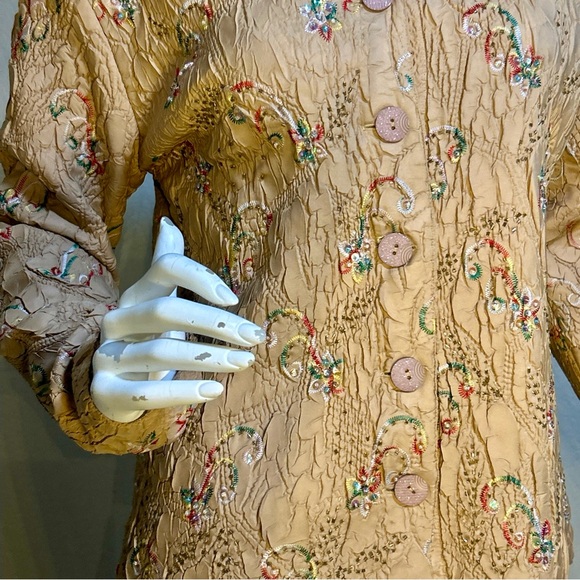 Vintage DB Sport Beaded & Sequin Crinkle Jacket Beige, Embroidered, Sz M - Picture 7 of 16